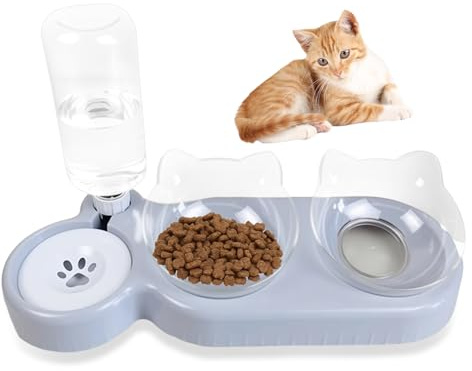 Ciotola per gatti 3 in 1, ciotola per cibo e acqua, set per gatti rialzati, ciotola per gatti con bottiglia d'acqua, ciotole per gatti di piccola e media taglia (grigio)