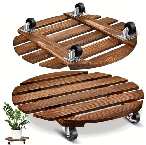 Peosaard Rodillos para Plantas con Ruedas, 2 Unidades de Carrito para Plantas con Ruedas, 12 carritos Redondos de Madera con bloqueables, Fuerte Capacidad de Carga para macetas de Interior y Exterior