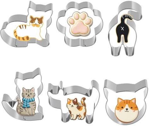 6PCS Cat Cookie Cutters Set, Kitty Cat Cookie Cutter, 6 Unique Shapes Biscuit Mold for Cats Themed Party (Cats Face, Kitty Butt, Paw and 3 Cute Kitties Shapes), Baking Mold for Treats, Fondant, Pastry