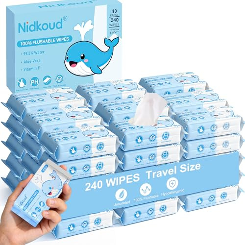 Nidkoud Mini Flushable Wipes Travel Size, 40 Pack (240 Wipes) 99.5% Water Wet Wipes Flushable Pack with Aloe Vera for Sensitive Skin, Unscented Pocket Wipes for Adults, Travel Cleaning Essentials