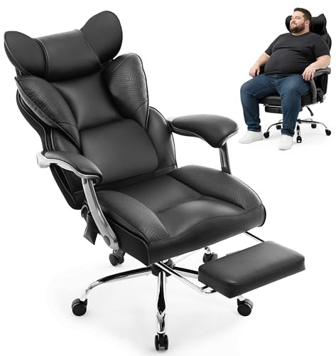Fizzin Schwarz PU Chefsessel Ergonomischer Bürostuhl | 155° neigbar, ausziehbare Fußstütze, aufblasbare Lendenstütze, breiter Sitz für Büro, Gaming, Konferenz & Homeoffice