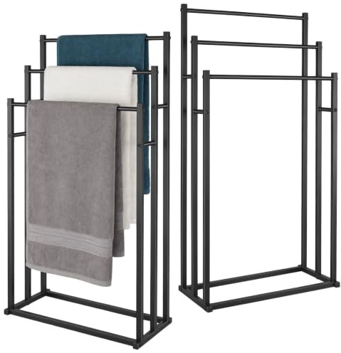 Black 3 Tier Freestanding Towel Rack Anti-Rust Metal Ladder Towel Holder Stand Bathroom Storage Towel Rail for Towels Washcloths Quilts