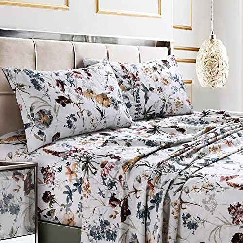 Tribeca Living Twin Bed Sheet Set, 300 Thread Count Soft Cotton Sateen, Floral Print with Extra Deep Pockets, 3-Piece Bedding Set, Amalfi Deep Red/Multicolor