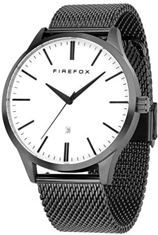 FIREFOX Herren- Armbanduhr XCHANGE analog Quarz Edelstahl schwarz Milanaise Mesh Armband Zifferblatt weiß Datum 5 ATM wasserdicht FFPL01-003