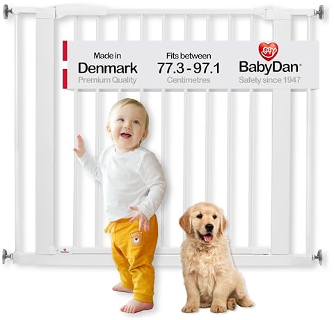 BabyDan Perfect Close, Ohne bohren Treppenschutzgitter, 77,3-97,1 cm, Babygitter/Sicherheitsgitter, Weiß, Hergestellt in Dänemark - (Haustiergitter/Hundegitter)