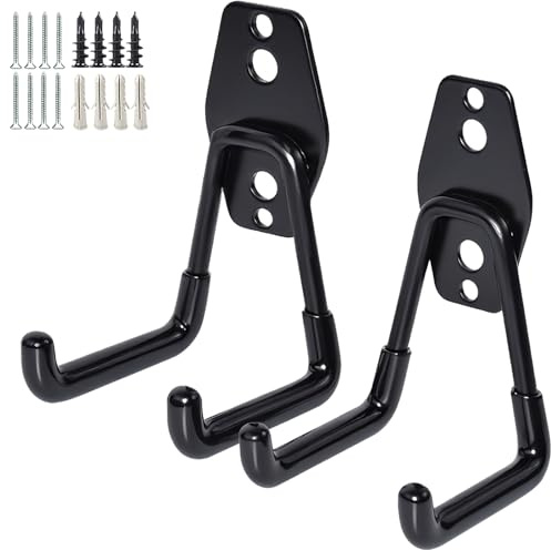 GeeWatom 2 Pack Garage Storage Utility Hooks，Garage Garden Tool Organizer，Steel Wall Mount Hooks, Garden Small U Hooks (Black)