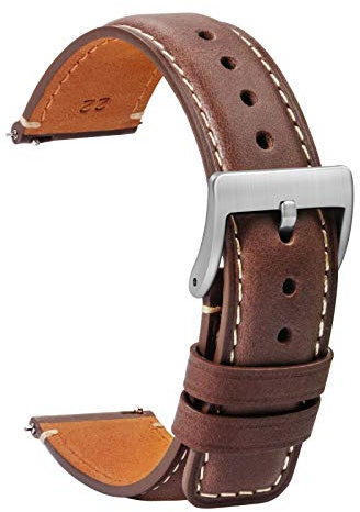 TStrap Leder Uhrenarmband 20mm - Weich Schwarz Quick Release Uhrenarmbänder Ersatz - Sport Uhrenarmband für Herren Damen - Smartwatches Armband mit Silber Schließe Haspe - 18mm 20mm 22mm