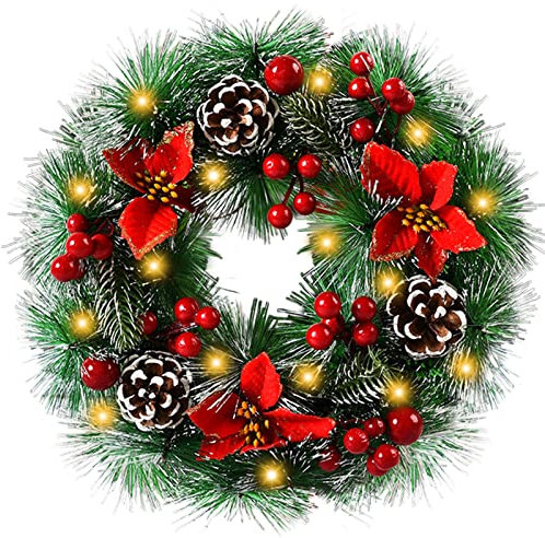 Weihnachtskranz (30CM) Weihnachtsgirlande Deko,mit LED,Bowknot,Weihnachtskugel Weihnachtsblume Schneeflocke BeereBowknot für Haustür,Kamin und Wanddekoration