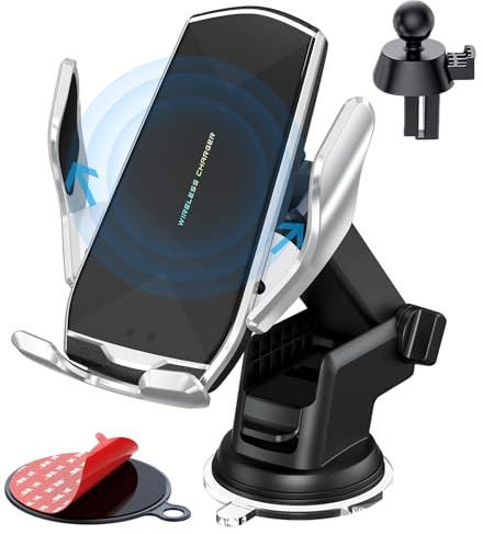 Wireless Car Charger, 15W Qi Fast Charging Auto-Clamping Cell Phone Car Holder ​Air Vent Windshield Dashboard Long Arm Suction Cup Car Phone Mount for iPhone