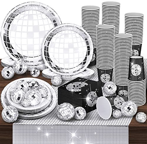 Marsui 121 Pcs 70s 80s Disco Ball Party Decorations Disposable Paper Plates Napkins Cups Bachelorette Silver Balls Tableware Set for Wedding Cocktail Birthday Dancing Queen Party(Black, Silver)
