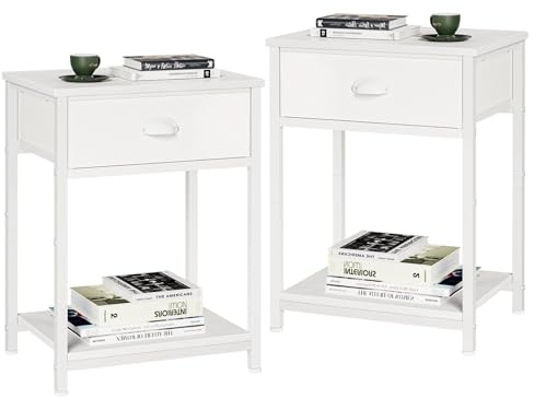 Furologee White Nightstands Set of 2, End Table with Fabric Drawer, Small Side Table for Small Spaces, 2 Tiers Storage Shelves End Table, Bedside Table for Living Room, Bedroom, Dorm