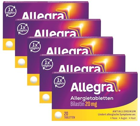 Allegra Allergie Tabletten | 5 x 20 Stk | Antiallergikum | Wirkstoff Bilastin | schnell und 24 Std wirksam bei Heuschnupfen, Tierhaarallergie, Hausstauballergie, Nesselsucht (Urtikaria)