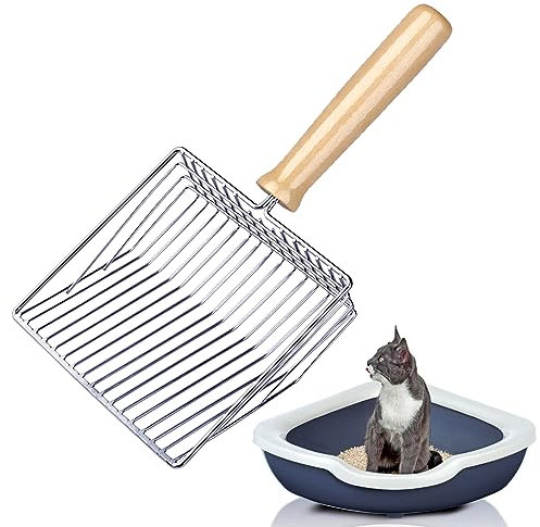 Wubushan Katzenstreuschaufel, Katzenklo Schaufel Metall, Katzenstreu Schaufel mit Holzgriff, Lochabstand 7mm, Länge 28cm, Litter Box Scoop, Cat Litter Scoop, Katzenschaufel für Katzenklo