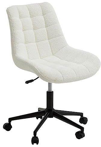 Drehstuhl VASILO mit Bouclé Stoffbezug, Weiß - Schreibtischstuhl höhenverstellbar, bequem gepolstert mit Teddy Stoffbezug Metallgestell mit 5 Doppelrollen Schminkstuhl für Schlafzimmer oder Homeoffice