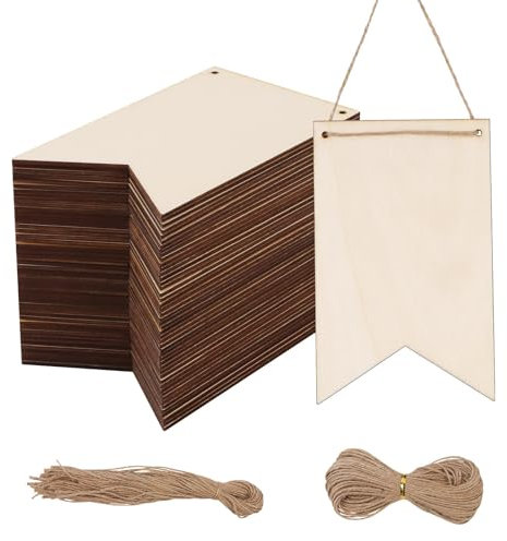 48 Holzanhänger, 14,5 x 9,2 cm, Holz-Geschenkanhänger, mit 48 Stück 40 cm Hanfschnur und 1 Stück 20 Meter lange Hanfschnur, Holzplatten zum Basteln, Sperrholzplatte für DIY, 2mm dick Holzanhänger