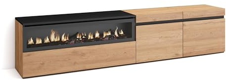 Skraut Home | TV-Schrank, Lowboard | für Wohnzimmer und Esszimmer | 200x45x35cm | Für TV-Geräte bis zu 80 | Elektrokamin. Maße | Moderner Stil | Eiche Schwarz