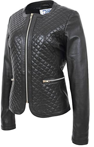 Divergent Retail Heidi Damen Lederjacke ohne Kragen, gesteppt, Schwarz (UK, Numerisch, 8, Regular, Regular), Schwarz , 34