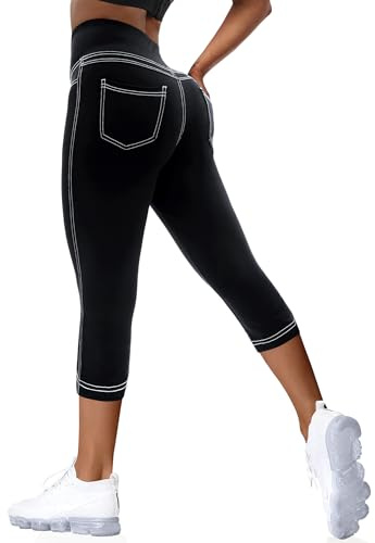 VOOVEEYA Curvy Womens Leggings, High Waisted Yoga Pants with Back Pockets, Tummy Control - Buttery Soft - Stretchy(Capri Black L)
