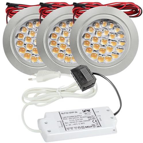 3er Set LED Möbel Einbauleuchten 12V ultra flach 2.4W Einbauleuchten Mira 190lm mit LED Trafo und 230V Zuleitung 3000K Warmweiß Lochausschnitt: 58 bis 60mm Silber Plug and Play Spots Ø=65,5 X 10,7mm