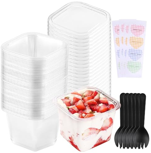 SXCCNW Plastic Dessert Cups, 30 PCS Square Clear Reusable Parfait Cups | With Lids and Spoons Dessert Cups for Ice Cream Pudding - Wedding and Birthday Parties
