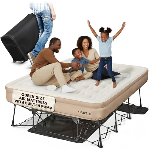 Oaktiv Queen Air Mattress with Frame, Self Inflating/Deflating Bed for Adults - PeakRest Blow Up Bed, Camping Cot with Mattress for Adults - Portable Queen with Travel Rolling Case on Wheels