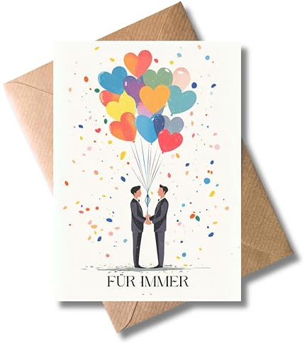 WBdesignz Queer Hochzeit karte mit Umschlag - Geschenkkarte zur Hochzeitsfeier Für immer Glückwunschkarte zur Trauung für Männer Luftballons Konfetti Anzüge Brautpaar Liebe Verlobung (DIN A6)