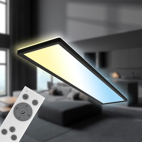 Briloner - LED Ceiling Light, Dimmable Ultra Slim Panel Lamp, 98x20x3 cm, Backlight Effect, CCT Adjustable Light, Flush Mount, Remote Control, Night-Light Function, 36W, Living Room, Kitchen, Black