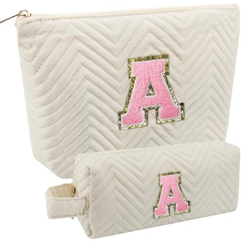 Geschenke für Frauen, Personalisierte Kosmetiktasche Mädchen, Reise Kosmetiktasche für Damen, Geburtstagsgeschenk für Frauen Mädchen Freundin, Beige Kosmetiktasche mit Buchstaben A