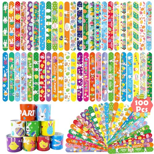SUNPROUND 100Pcs Easter Slap Bracelets, Easter Basket Stuffers Party Favors Snap Wristbands for Kids Egg Fillers Gifts Exchange Gifts, Egg Hunt Event, Classroom Prizes, School Supplies