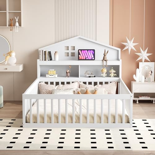 Kinderbett Bodenbett 140x200, Doppelbett mit Tür, Lattenroste, Einlegeböden | Kleinkindbett Hausbett Holzbett Jugendbett, Bettgestell mit Lattenrost, Weiß, ohne Matratze