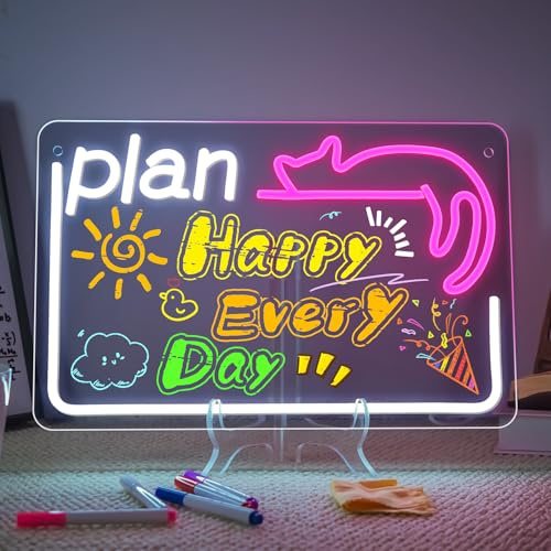 Looklight Leuchtendes LED Zeichenbrett für Kinder Notiztafel LED Zeichentafel Acrylmit Farben, USB-Kabel, Schalter & 7 Markern für Büro, Schule, Zuhause, 37,5 * 24,5 cm