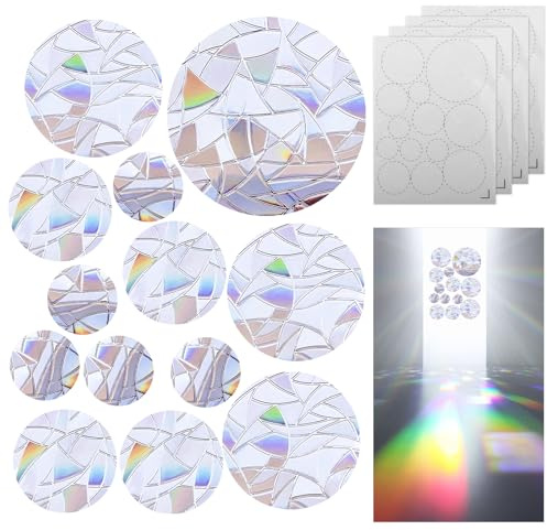 52 Stück Runde Prisma Fensteraufkleber, PVC Sonnenfänger Regenbogen Aufkleber für Anti-Kollision Vogelschutz, Fensterdekoration für Zuhause Laden Büro
