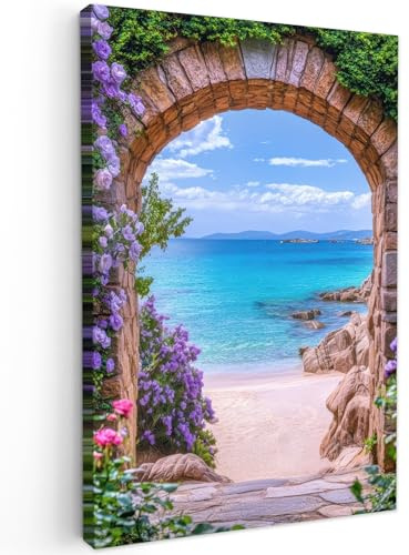 MuchoWow© Leinwand Groß XXL Deko Schlafzimmer Aesthetic Leinwandbilder | 80x120 cm - Wohnzimmer Gemälde Foto Geschenk Living Room Decoration Fensterblick - Meer - Strand - Felsen