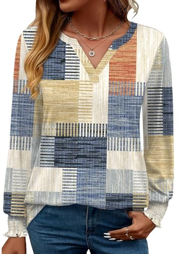 Rapbin Blusa de manga larga para mujer, elegante, holgada, con cuello en V, casual, para otoño, túnica, S