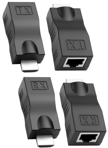 Times Mark Lot de 4 rallonges HDMI vers RJ45, convertisseur de câble réseau 1080p HDMI vers réseau Ethernet, émetteur et récepteur par câble CAT6