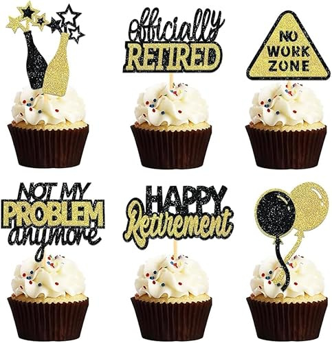 24 Pcs Happy Retirement Glitter Cupcake Toppers for Party-Black&Gold Ⅱ | retirement decorations, retirement party decorations, Retirement Theme Cake Toppers, Retirement Cakes Decoration Supplies
