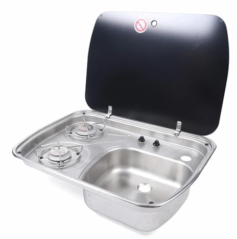 EDEDE Ensemble cuisinière à gaz 2 Feux, Plaque de Cuisson et évier avec Couvercle en Verre trempé, lavabo en Acier Inoxydable for Camping-Car, Caravane, Bateau