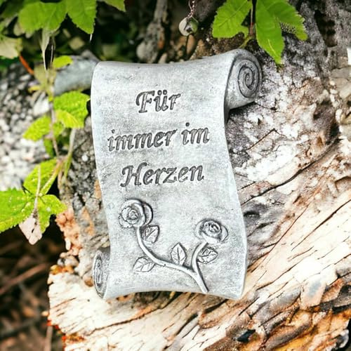 Grabschmuck Schriftrolle Rose Grau - Gedenkrolle Für Immer im Herzen | Andenken aus Resin in Steinoptik, wetterfeste Grabdekoration, 7,4 x 5 x 1,8 cm, Ideal für Urnengrab und Kolumbarium