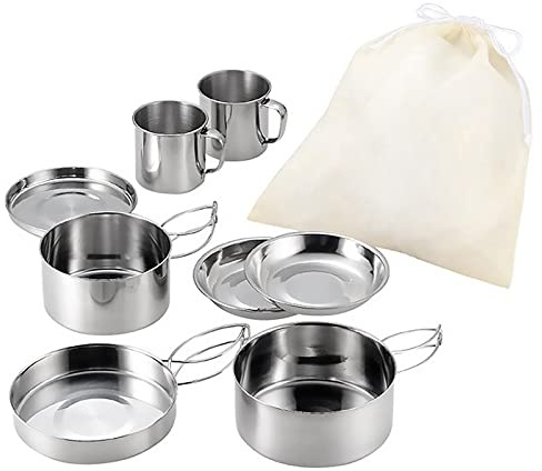 Set di pentole da campeggio in acciaio inox, 8 pezzi, pentole, padelle, piatti, tazze, per 2-3 persone, portatile, zuppa, caffè, acqua