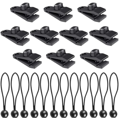 LQUYTA Set di ganci per teloni da 24 pezzi,12 Pezzi Tarp Clips per Tenda,12 pezzi Corde di tensionamento in nylon,corda elastica per teloni, una Presa Sicura, per Campeggio Attività All'aperto