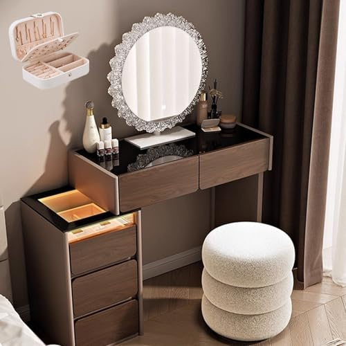 Sminkbord，med Justerbart LED-ljus och uttag med Spegel Belysning med lådor för sovrum(With stool)
