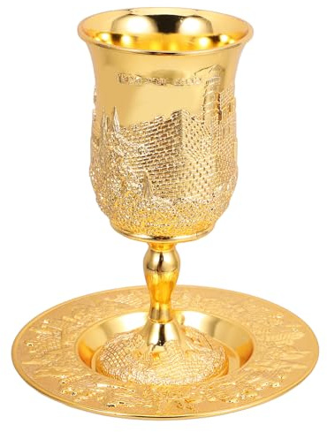 SHINEOFI Set Bicchieri Kiddush in Metallo con Piattino Coppa per Offerte Judaica Shabbos Tazza da Vino per Shabbat e Pasqua Resistente e Vintage Regalo per Cerimonie Religiose