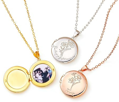 Personalisierte Geburtsblumen-Medaillonkette mit 1-2 Fotos im Inneren Individuell gestaltete Foto- und Text-Medaillonkette aus Sterlingsilber mit Gravur Schmuck für Frauen, Mütter, Töchter, Mädchen