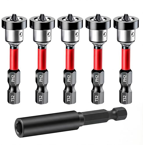 Katyjun Bit Halterung Magnetisch 5 PH2 Gipskartonschrauben Bits mit 1 Adapter Trockenba Werkzeug für Schnelles und Präzises Verschrauben von Rigipsplatten