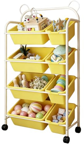 Uptyia Organizador Infantil con 8 Cajas Extraíbles y Ruedas | 4 Niveles, Diseño de Orejas de Oso, Amarillo, 63 × 28,5 × 122,5 cm, para Habitación Infantil