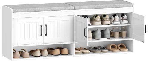 Hzuaneri Skobänk med sits, behållare och öppet fack, vit | Entrébricka och korridor med dold förvaring, modern design, 35 x 140 x 54 cm, SB41403GY
