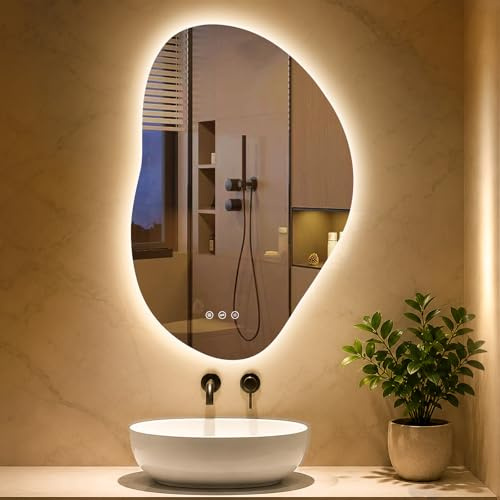 PESENXAN Spiegel mit Beleuchtung Asymmetrischer, LED Badspiegel mit Touch-Schalter, 3 Lichtfarbe, Dimmbar, Beschlagfrei Badezimmerspiegel mit Beleuchtung 90x60cm