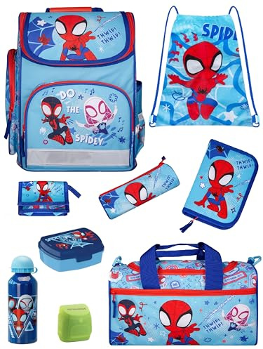 Familando - Schulranzen-Set für Spiderman Fans - Spidey & Friends - 9-teilig mit Lunch-Set - Ergonomisch, stabil & mit gepolstertem Rücken - 930g leicht - 15L Volumen - Für Grundschule ab 1. Klasse