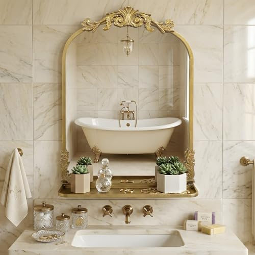 G-LEAF Wandspiegel Gold mit Ablage 50cm x 75cm, Barock Spiegel Bogenform mit Relief-Krone, Antik-Stil Metallspiegel für Badezimmer, Flur & Schminktisch, Vintage Deko Wandregal Spiegel