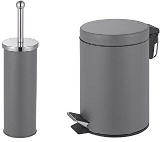 iTrend 3L Pedal Dustbin and Toilet Brush with Holder set - Bathroom Accessory - Powder Coated Steel Bin with lid - Toilet Brush with Stainless Steel Handle, Round Lid and Dense Bristles - Grey